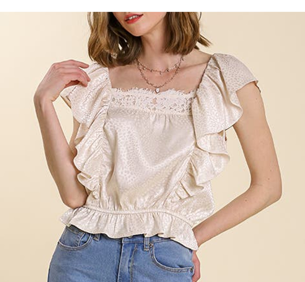UMGEE Satin Ruffle‎ Top Medium Cream Jacquard Lace Neck Back Tie Romantic Summer